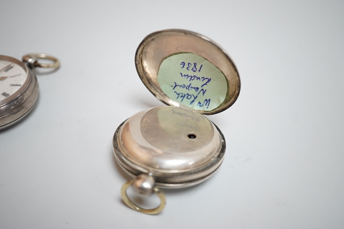 A late William IV silver open faced pocket watch, by William Latch, Newport, with Roman dial, together with a late Victorian silver open faced pocket watch and a Swiss 935 standard open faced pocket watch, retailed by Pi
